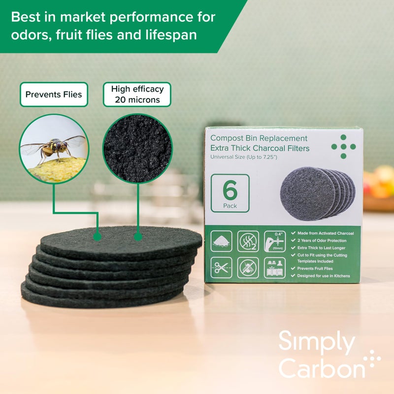 Simply Carbon 2 Years Supply Extra Thick Filters for Kitchen Compost Bins - Longer Lasting Activated Charcoal - Universal Size Fits ALL Compost Bins up to 7.25" Filter Size - Replacement Set of 6 (by Simply Carbon) - Image 2